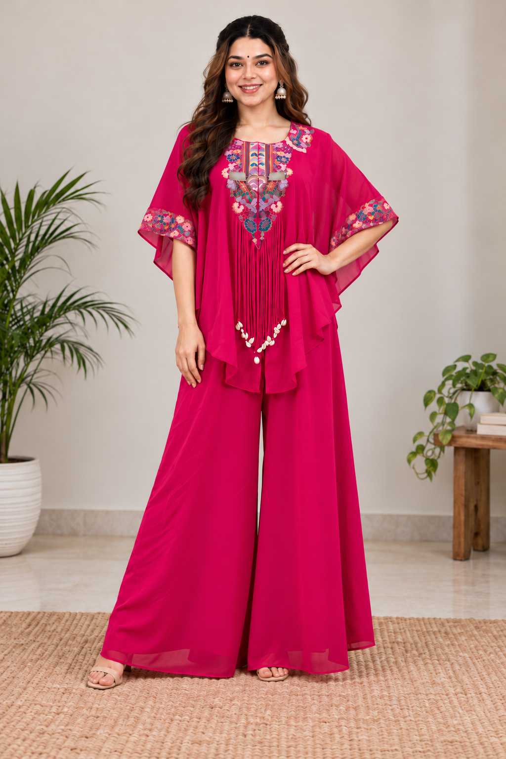 Lovely Rani Pink Embroidered Kaftan Palazzo Set