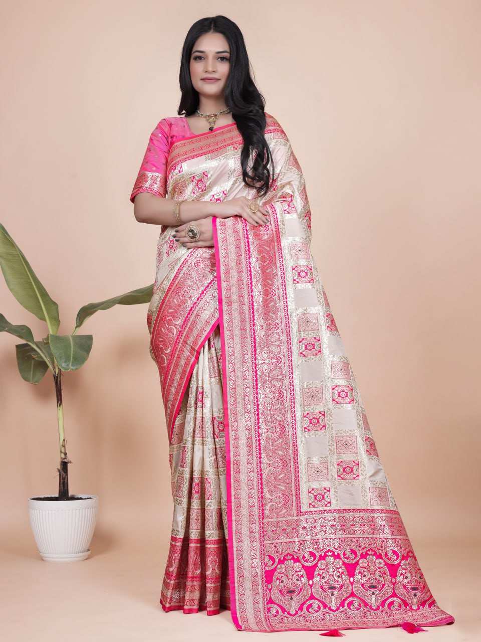 Elegant Cream and Pink Banarasi Silk Saree with Rich Silver Zari Weaving
