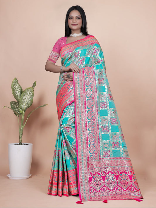 Magic Aqua Blue and Pink Banarasi Silk Saree with Silver Zari Weaving
