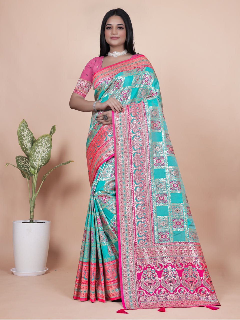 Magic Aqua Blue and Pink Banarasi Silk Saree with Silver Zari Weaving