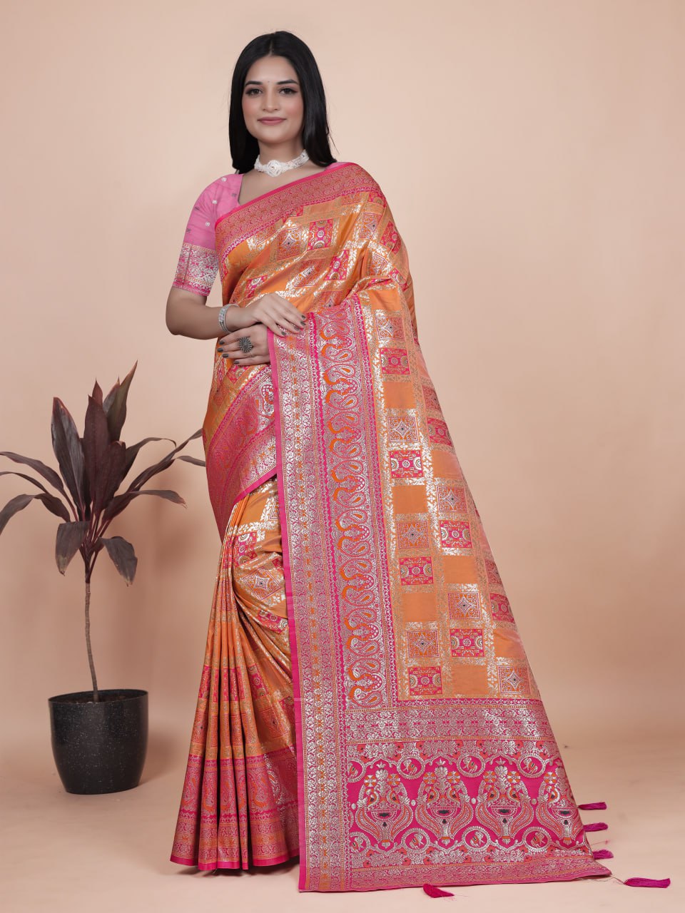 Trendy Women's Orange and Pink Banarasi Silk Saree with Silver Zari Work