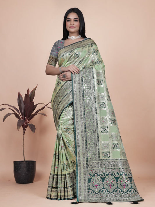 Softy Pastel Green Banarasi Silk Saree with Silver Zari Weaving