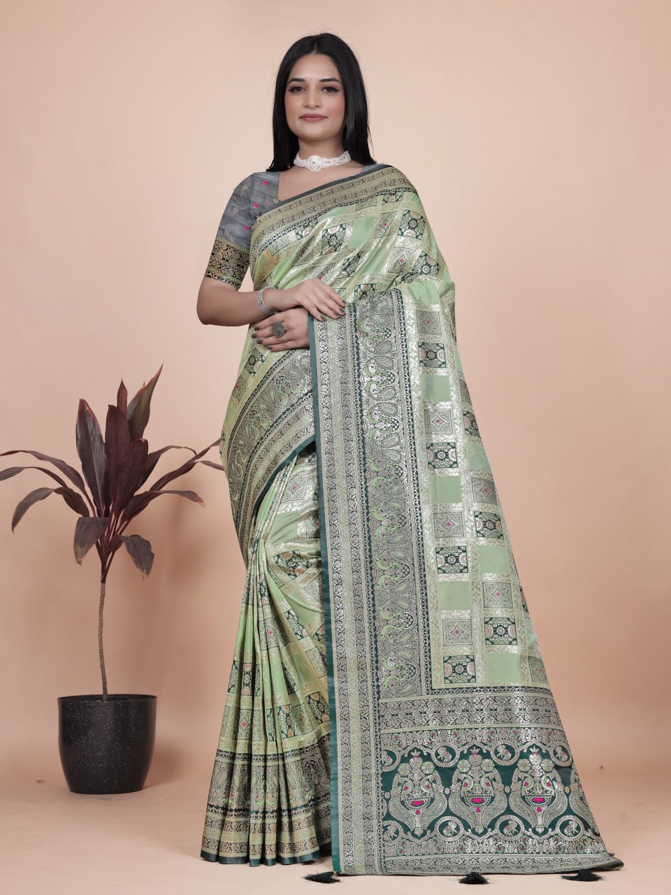 Softy Pastel Green Banarasi Silk Saree with Silver Zari Weaving