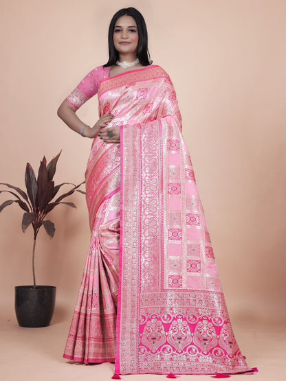 Amazing Baby Pink Banarasi Silk Saree with Rich Silver Zari Detailing
