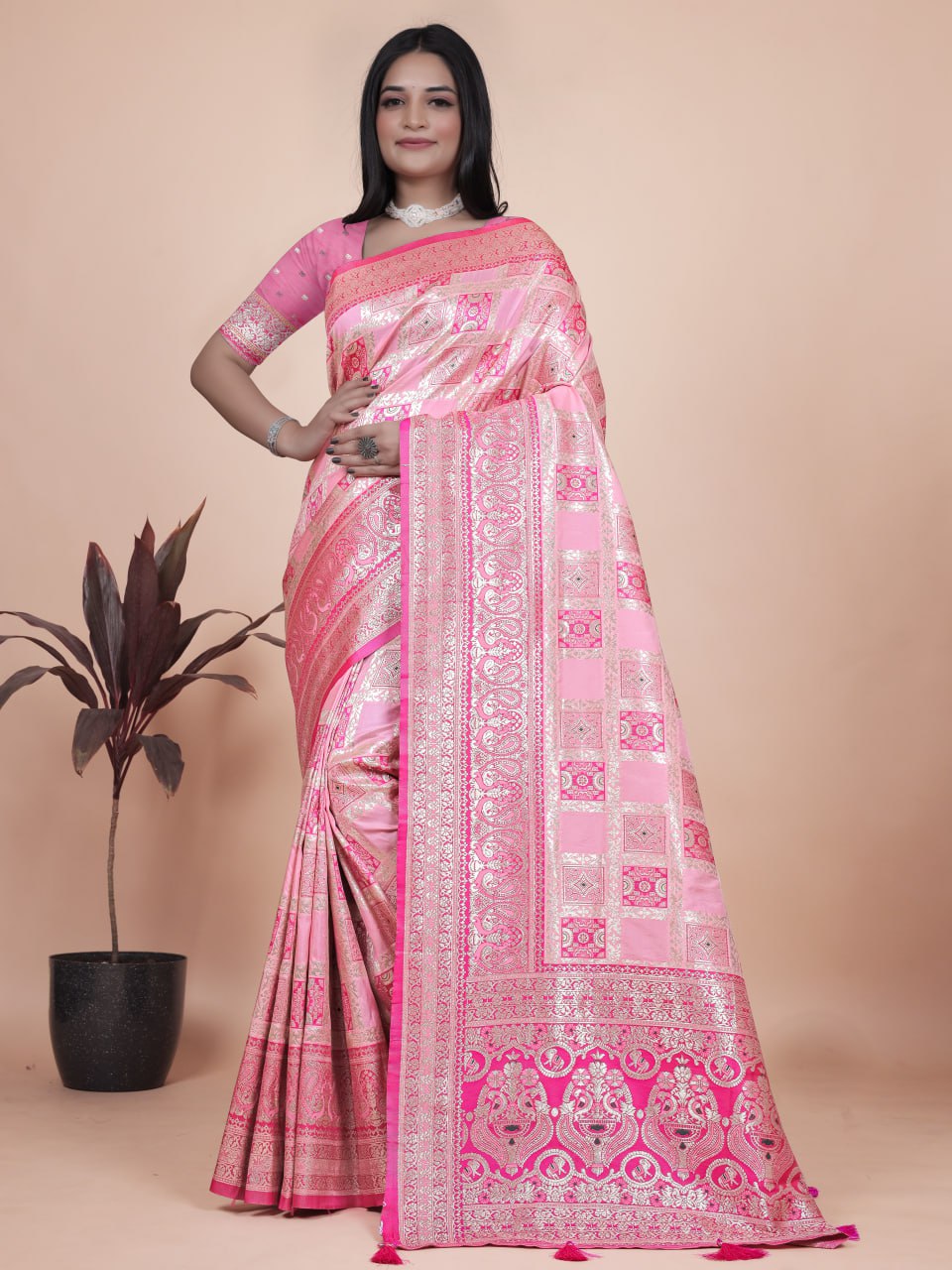 Amazing Baby Pink Banarasi Silk Saree with Rich Silver Zari Detailing