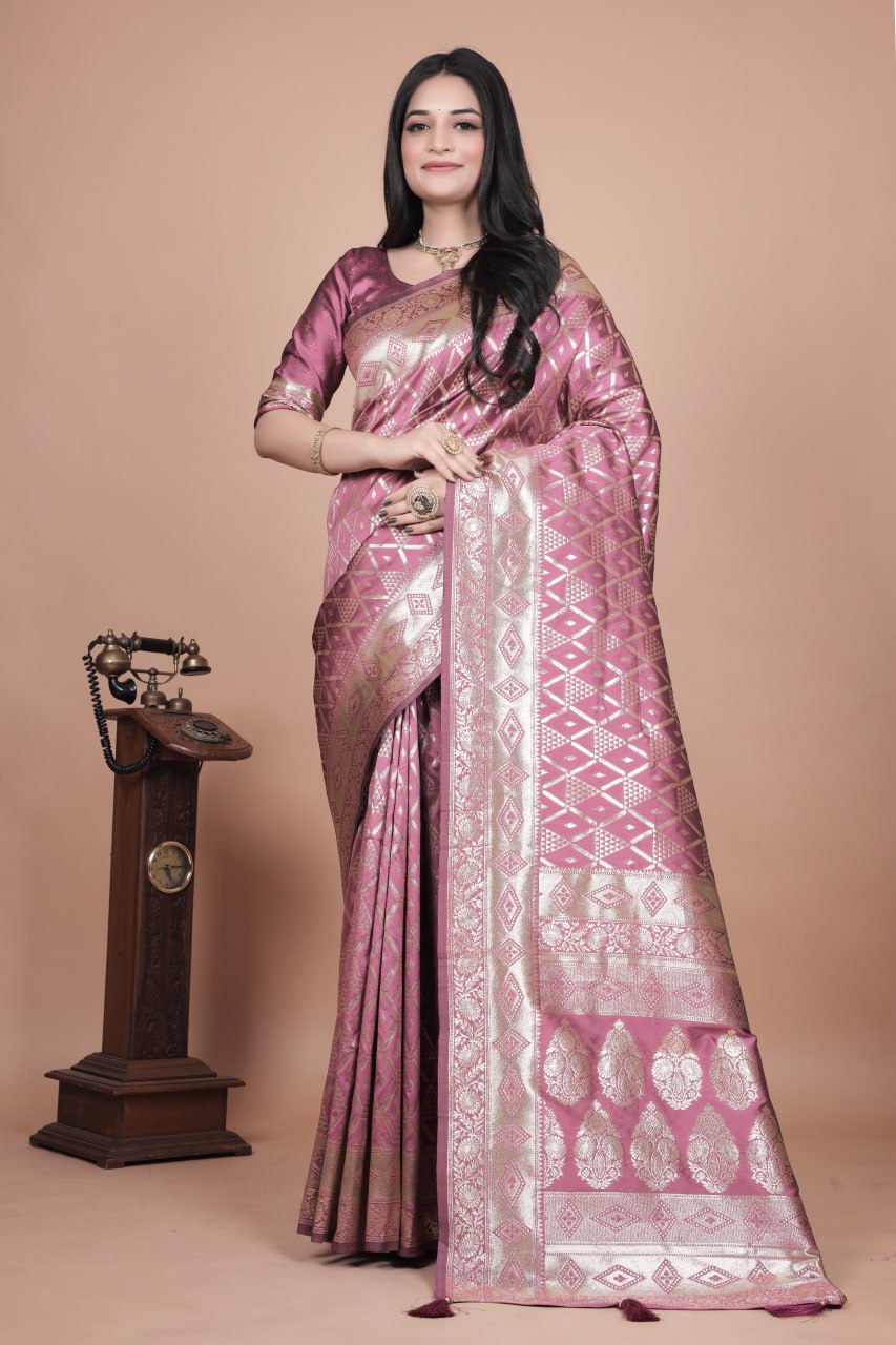 Beautiful Banarasi Silk Saree with Silver Geometric and Floral Zari Work