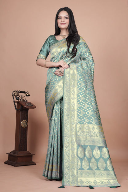 Pastel Green Banarasi Silk Saree with Golden Zari Geometric & Floral Weaves