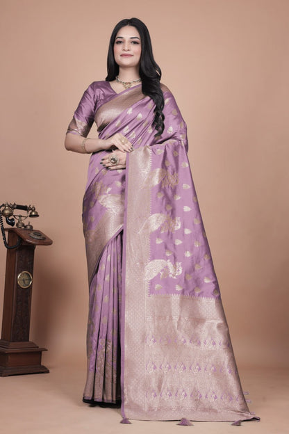 Elegent Lavender Banarasi Silk Saree with Golden Zari Weaving