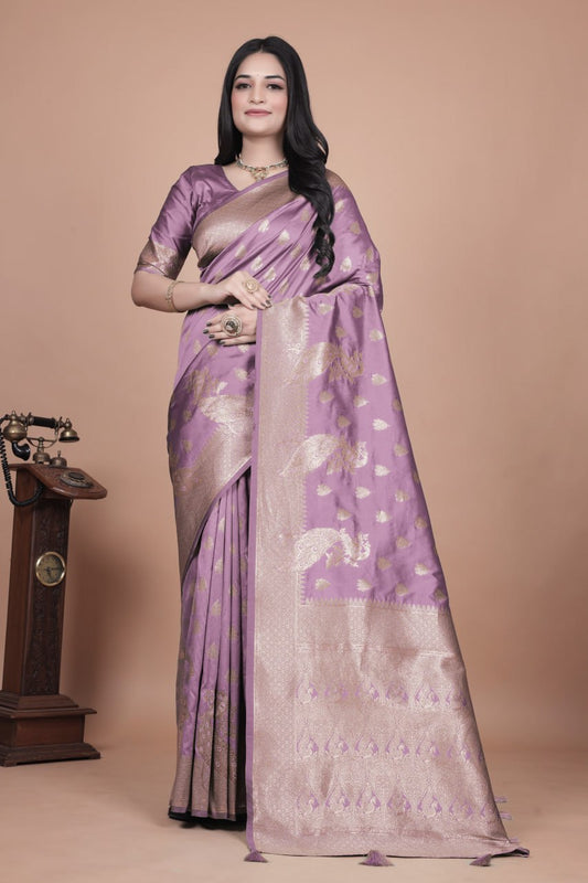 Elegent Lavender Banarasi Silk Saree with Golden Zari Weaving