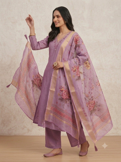 Trending Mauve Premium Roman Silk Kurta Set with Floral Organza Dupatta