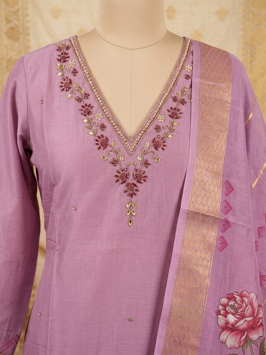 Trending Mauve Premium Roman Silk Kurta Set with Floral Organza Dupatta