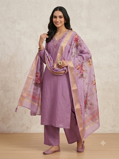 Trending Mauve Premium Roman Silk Kurta Set with Floral Organza Dupatta