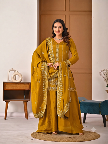 Beautiful Mustard Vichitra Silk Kurta Palazzo Set,