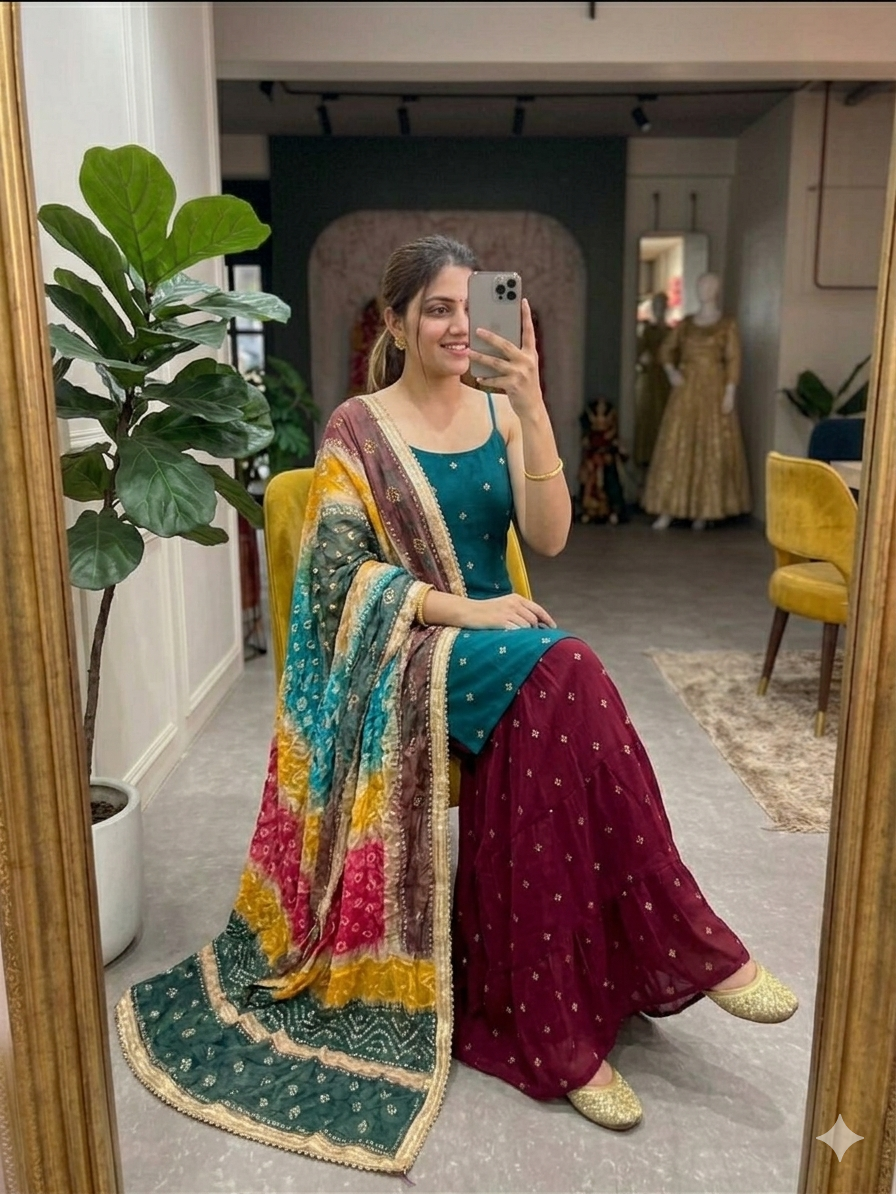 Vibrant Teal and Maroon Blooming Georgette Kurta Set with Multi-Color Bandhani Dupatta