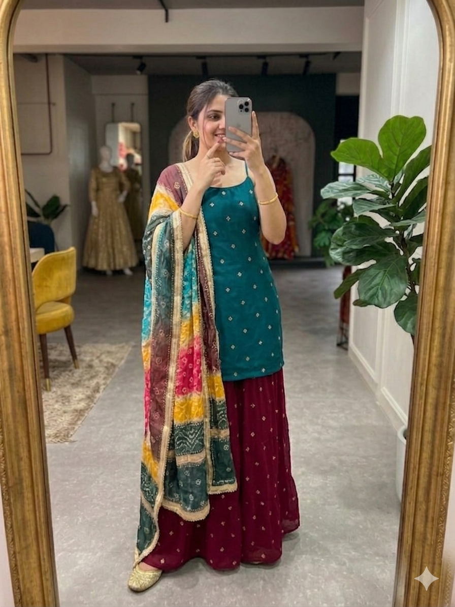 Vibrant Teal and Maroon Blooming Georgette Kurta Set with Multi-Color Bandhani Dupatta