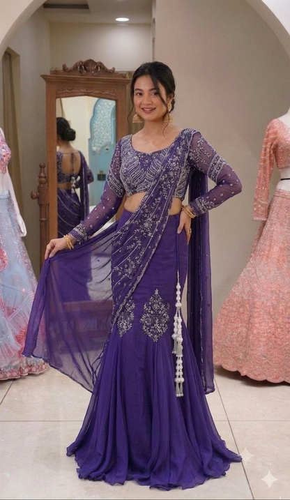Royal Purple Ready-to-Wear Lehenga Saree with Embroidered Blouse & Drape