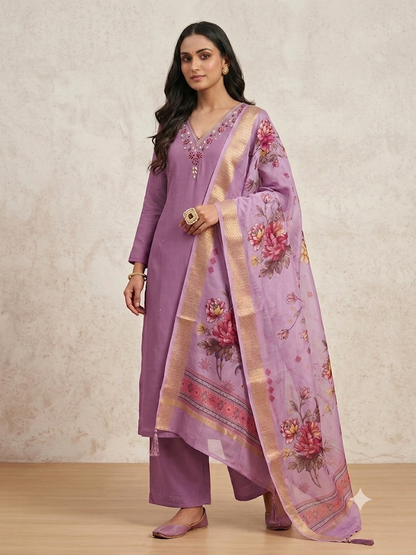 Trending Mauve Premium Roman Silk Kurta Set with Floral Organza Dupatta