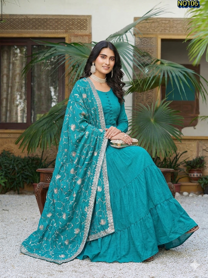 Beautiful Teal Blue Pure Vichitra Silk Tiered Gown with Embroidered Dupatta