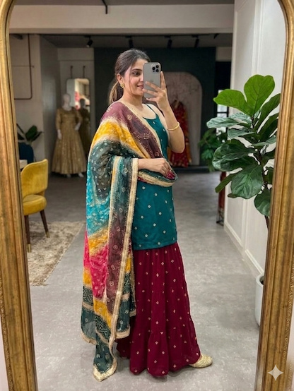 Vibrant Teal and Maroon Blooming Georgette Kurta Set with Multi-Color Bandhani Dupatta