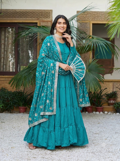 Beautiful Teal Blue Pure Vichitra Silk Tiered Gown with Embroidered Dupatta