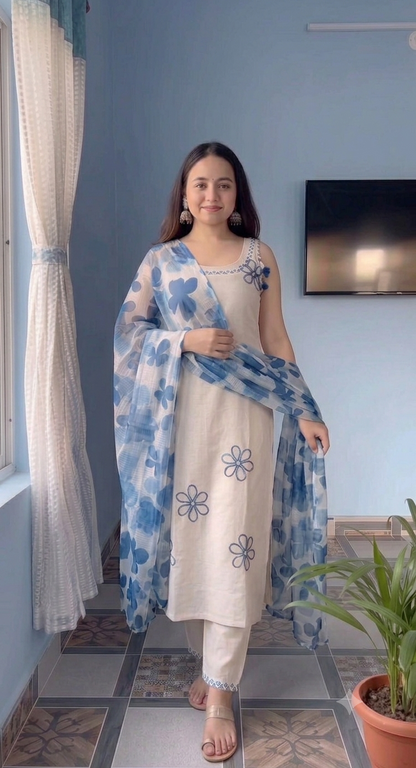 Elegant Off-White Rayon Cotton Kurta Set with Blue Floral Printed Organza Dupatta