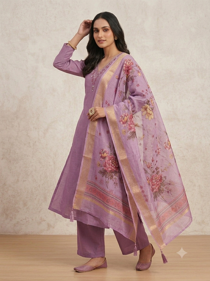 Trending Mauve Premium Roman Silk Kurta Set with Floral Organza Dupatta