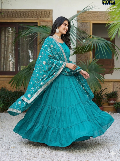 Beautiful Teal Blue Pure Vichitra Silk Tiered Gown with Embroidered Dupatta