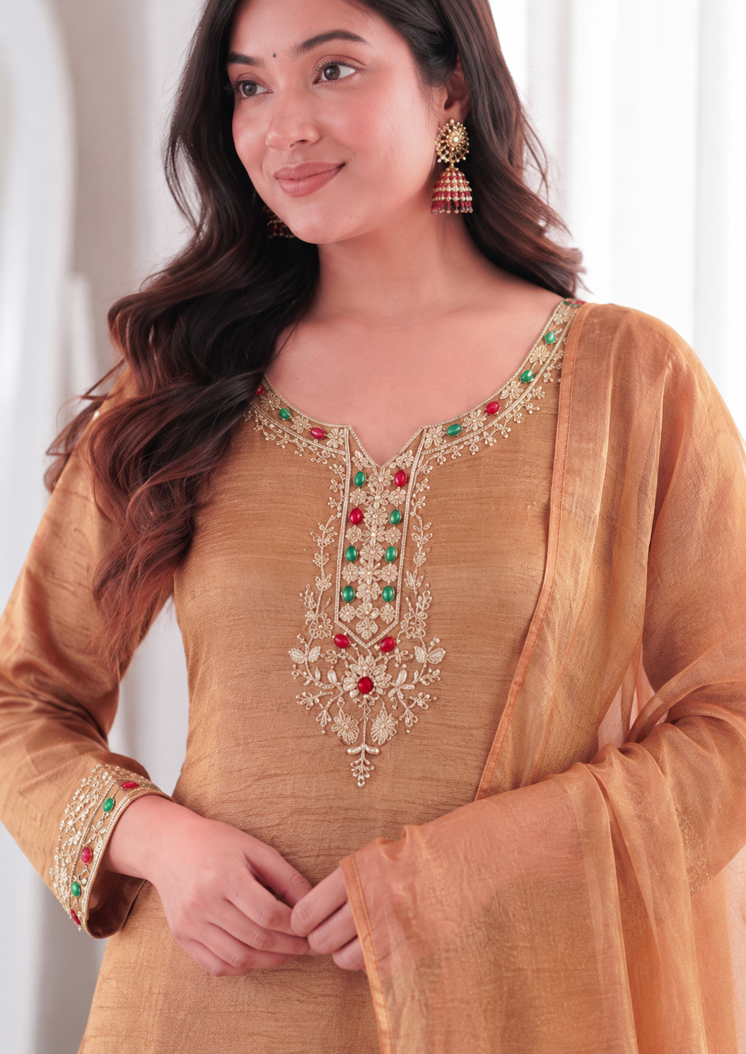 Graceful Peach Embroidered Palazzo Suit Set