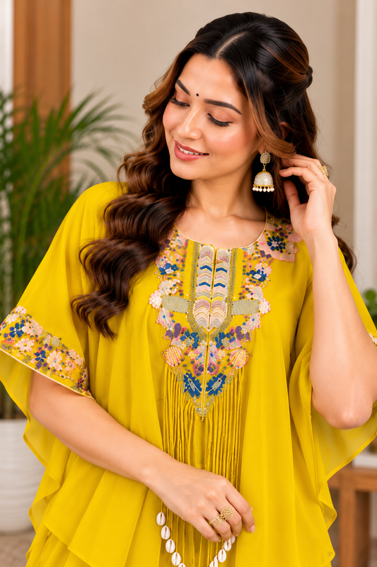 Radiant Mustard Yellow Embroidered Kaftan Palazzo Set