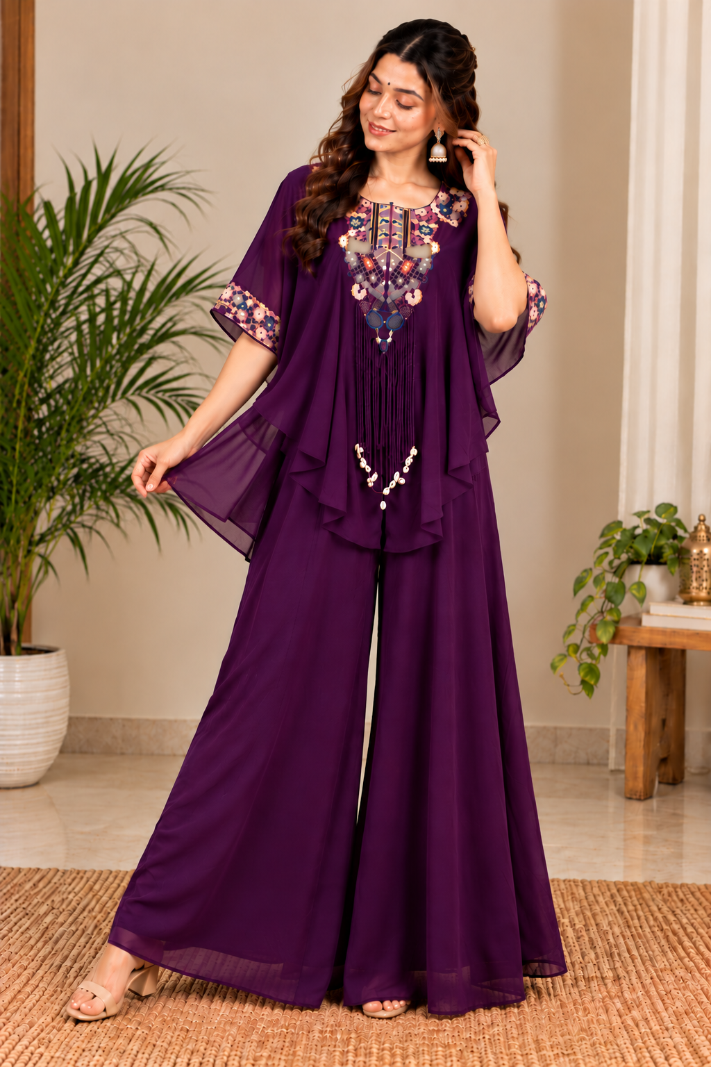 Deep Purple Embroidered Kaftan Palazzo Set