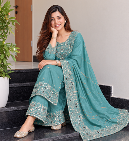 Beautiful Teal Blue Embroidered Suit Set with Dupatta