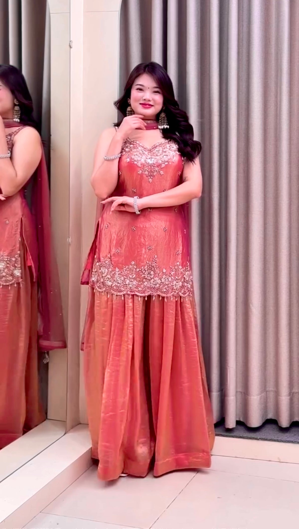 Charming Coral Embroidered Sharara Suit Set