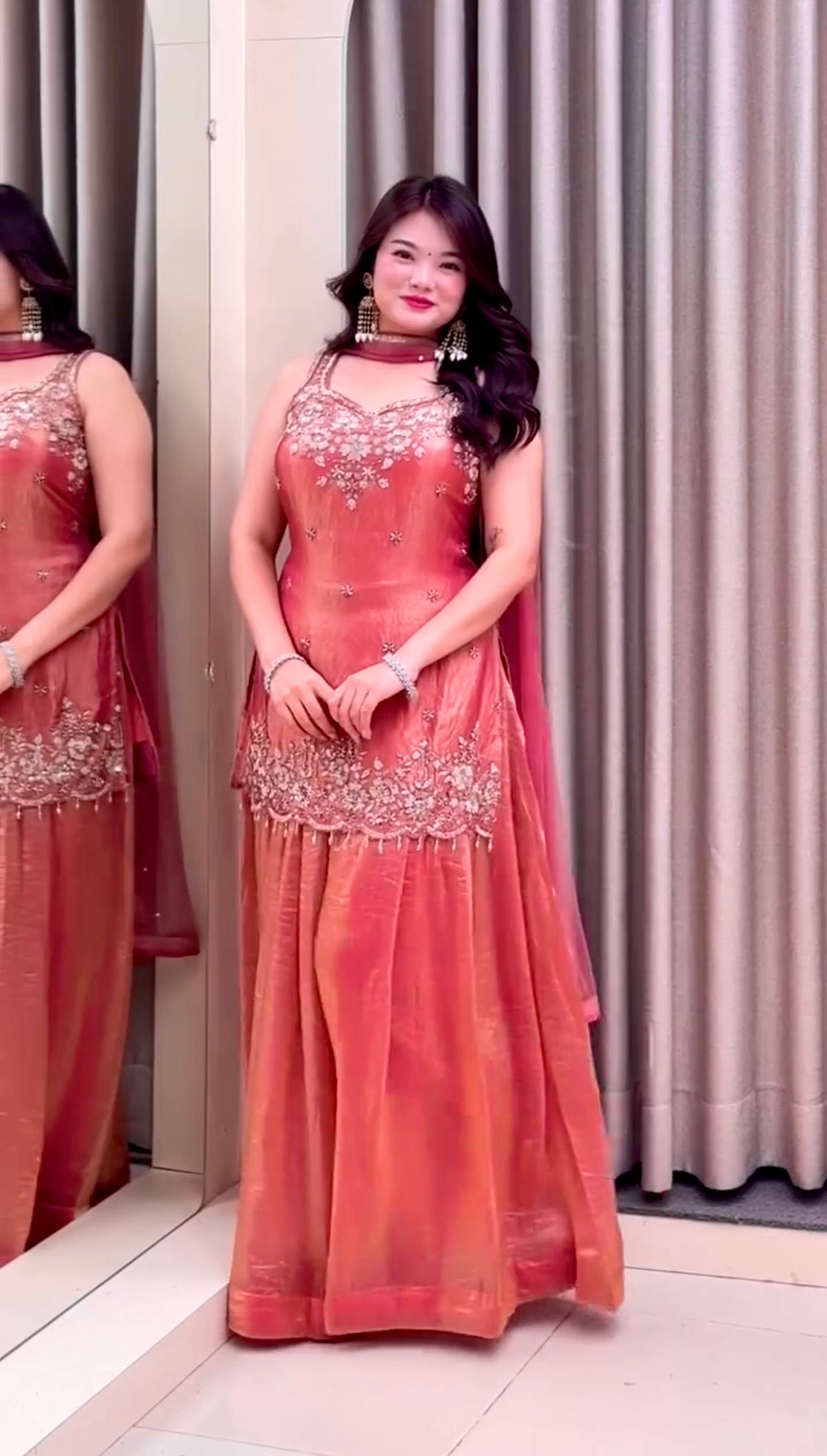 Charming Coral Embroidered Sharara Suit Set