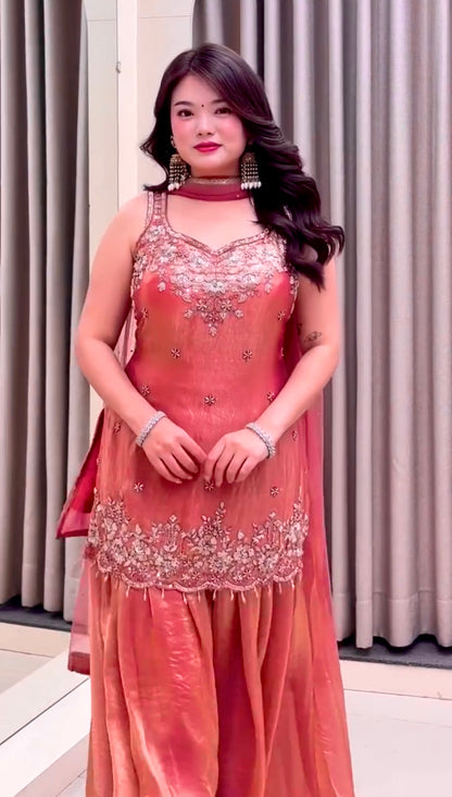 Charming Coral Embroidered Sharara Suit Set