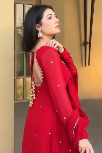 Ruby Red Embellished Anarkali Suit Set with Matching Dupatta
