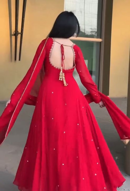 Ruby Red Embellished Anarkali Suit Set with Matching Dupatta