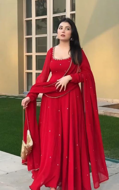 Ruby Red Embellished Anarkali Suit Set with Matching Dupatta