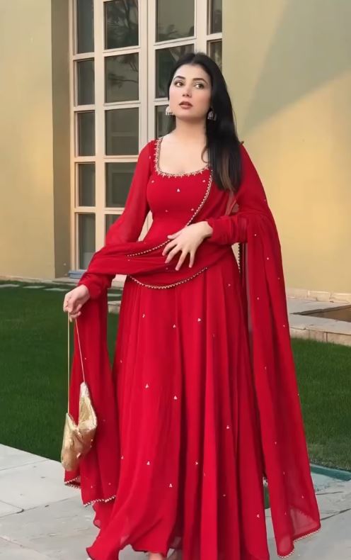 Ruby Red Embellished Anarkali Suit Set with Matching Dupatta