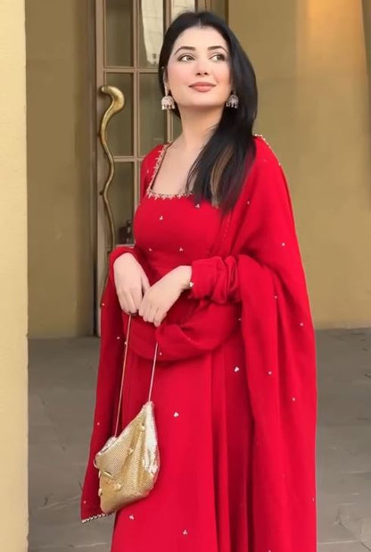 Ruby Red Embellished Anarkali Suit Set with Matching Dupatta
