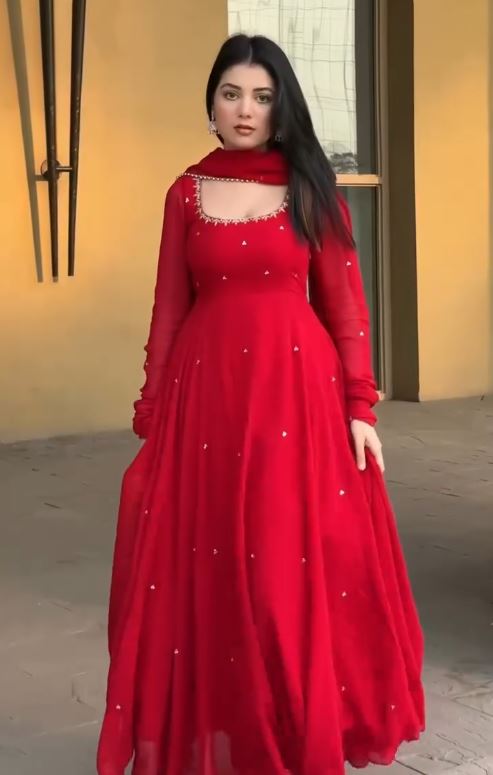 Ruby Red Embellished Anarkali Suit Set with Matching Dupatta