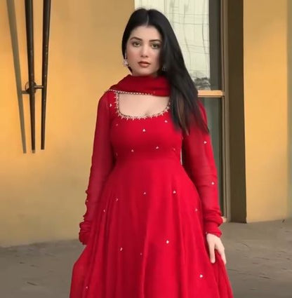 Ruby Red Embellished Anarkali Suit Set with Matching Dupatta