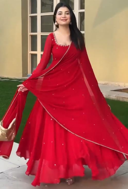 Ruby Red Embellished Anarkali Suit Set with Matching Dupatta
