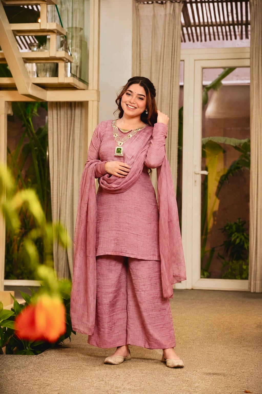 Blush Charm Textured Palazzo Suit Set