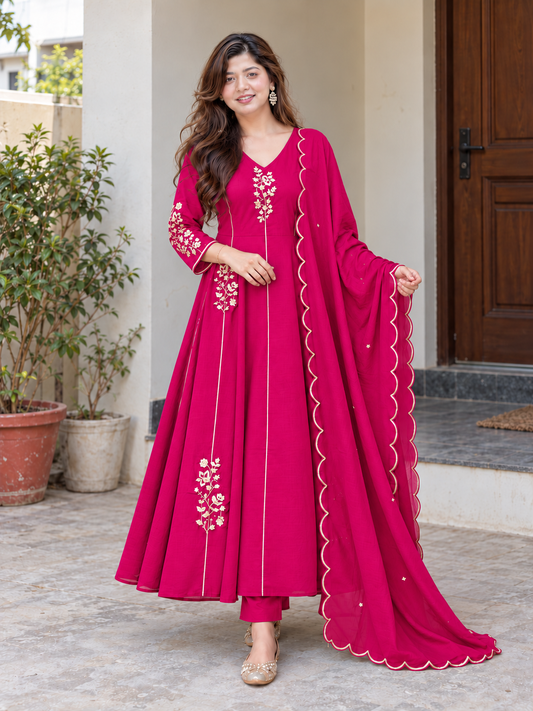 Beautiful Rani Pink Floral Embroidered Anarkali Suit Set
