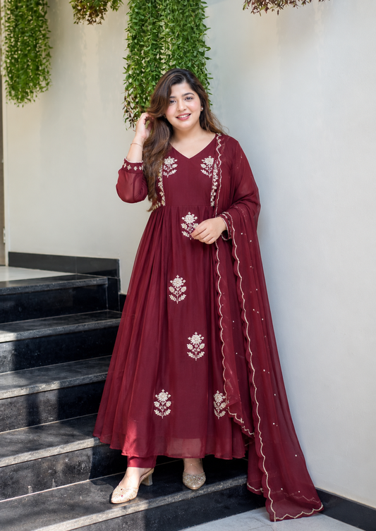 Charming Deep Maroon Embroidered Anarkali Suit Set
