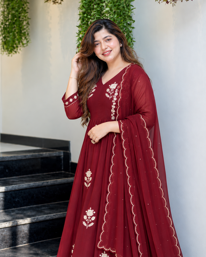 Charming Deep Maroon Embroidered Anarkali Suit Set