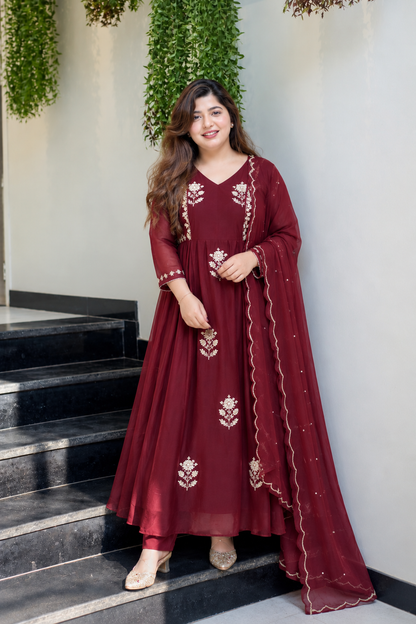 Charming Deep Maroon Embroidered Anarkali Suit Set