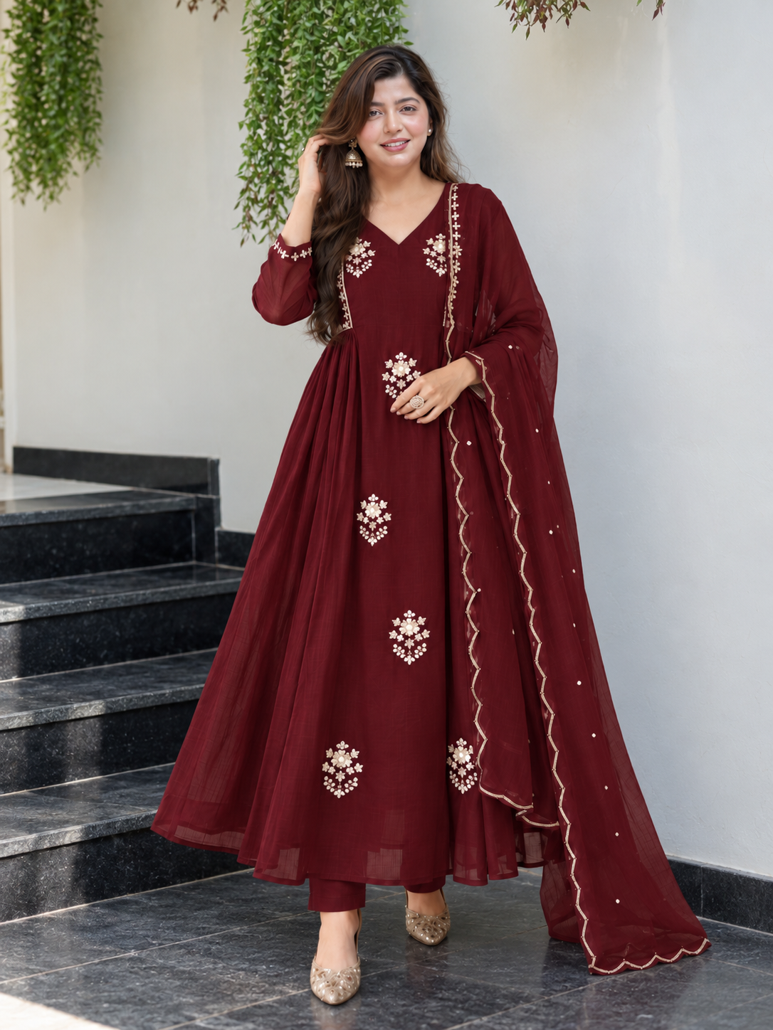 Charming Deep Maroon Embroidered Anarkali Suit Set