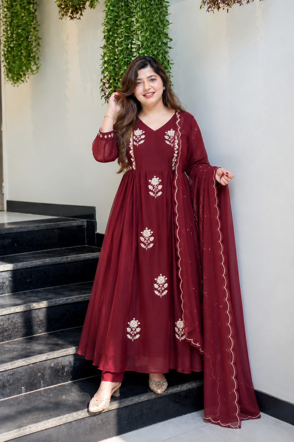Charming Deep Maroon Embroidered Anarkali Suit Set