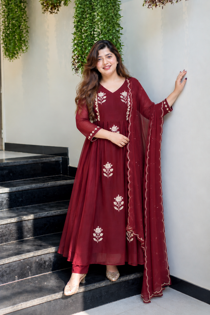 Charming Deep Maroon Embroidered Anarkali Suit Set